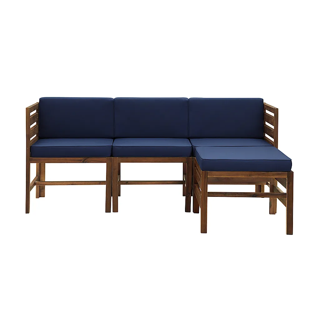 Walker Edison - Modern 4 Piece Solid Acacia Wood Patio Chat Set - Dark brown/navy blue