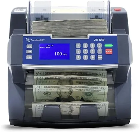 AccuBANKER AB4200MGUV Bill Counter Machine, 300 Bills Hopper Capacity Variable Counting Speeds up to 1,800 Bills/Min with 3-Point Counterfeit Detector Magnetic Ultraviolet, Commercial Grade, UL & CE