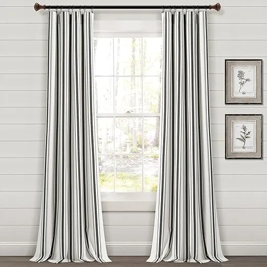 Lush Decor Farmhouse Stripe Yarn Dyed Cotton Window Curtain Panel Pair, 42" W x 84" L, Black - Classic Modern Rustic Charm - Eco Friendly Cotton Fabric