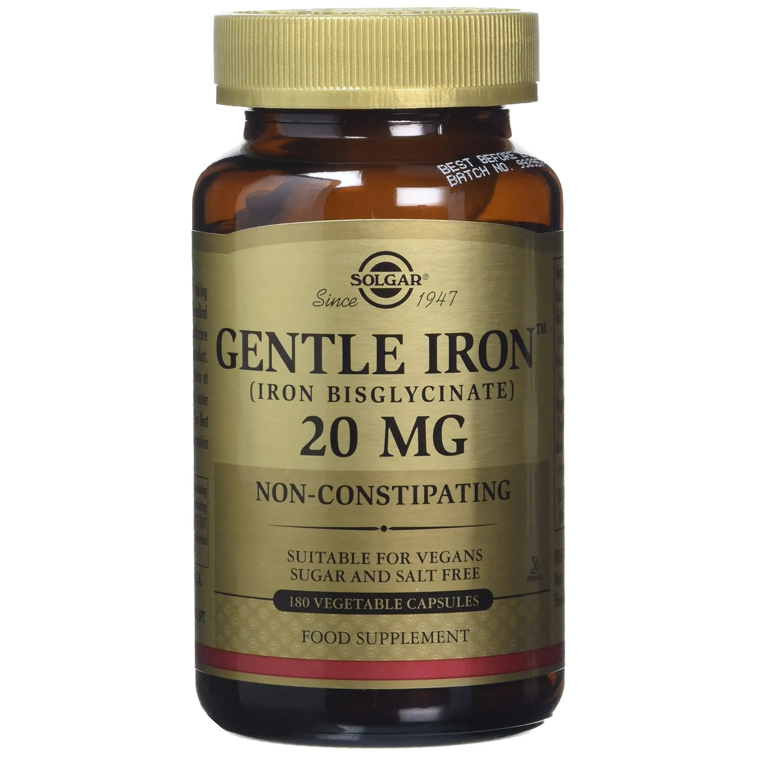 Solgar Gentle Iron (Iron Bisglycinate) 25 mg - 90 Vegetable Capsules - Non-Constipating, Gentle on Your Stomach - Gluten Free - 90 Servings