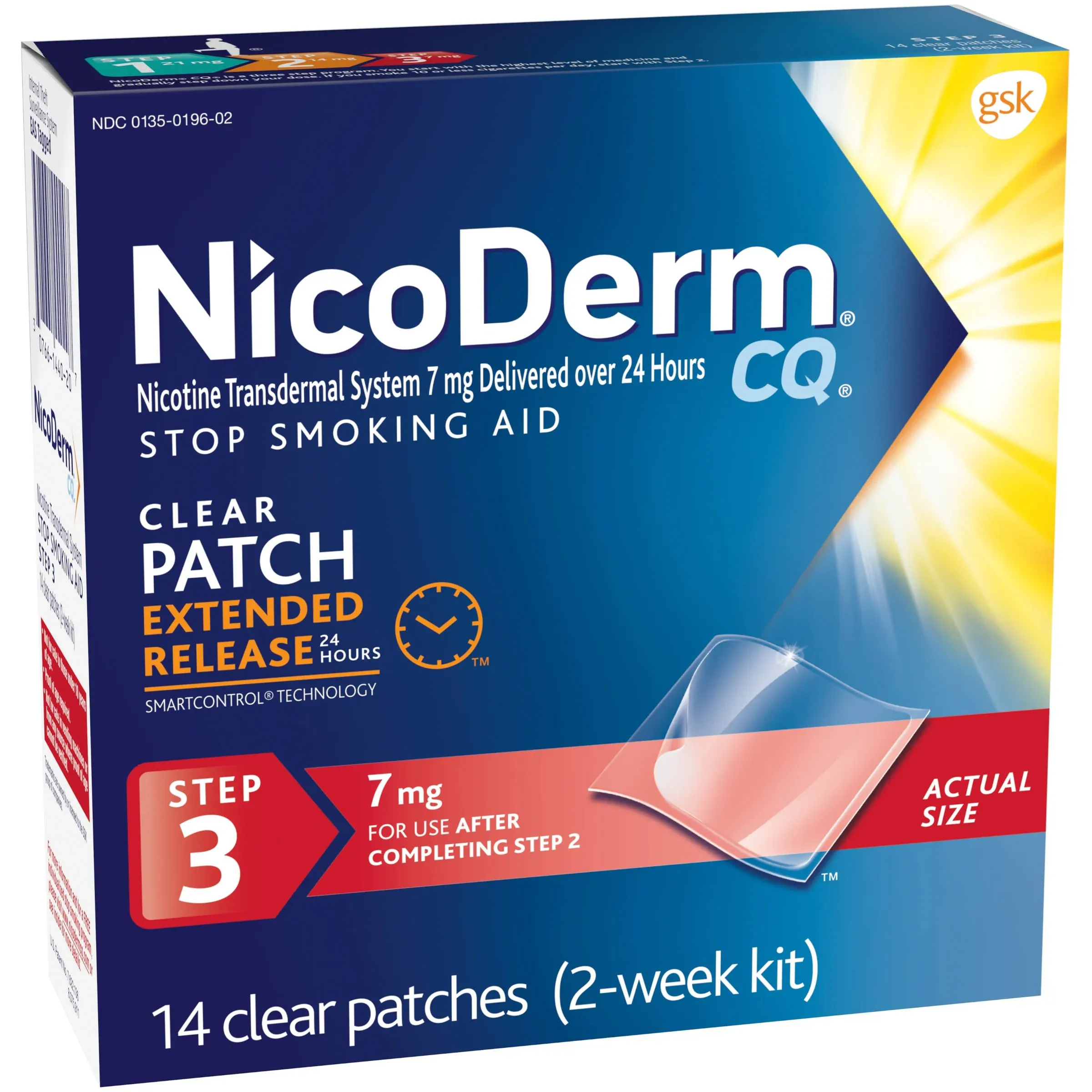 Nicoderm Cq Stop Smoking Aid, Step 3, 7 mg, Clear Patches - 14 patches