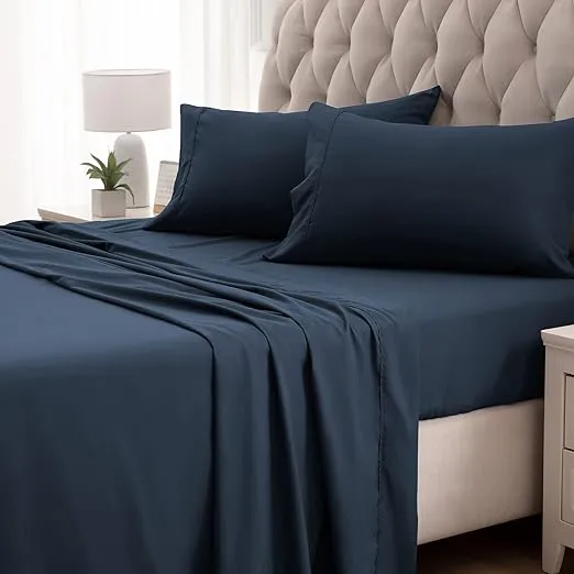 SLEEP ZONE Nanotex Super Soft Cooling King Bed Sheets Set 4 Piece - Easy Care Fitted Flat Sheet & Pillowcase Sets - Wrinkle Free, Fade Resistant, Deep Pocket 16" (Navy Blue, King)