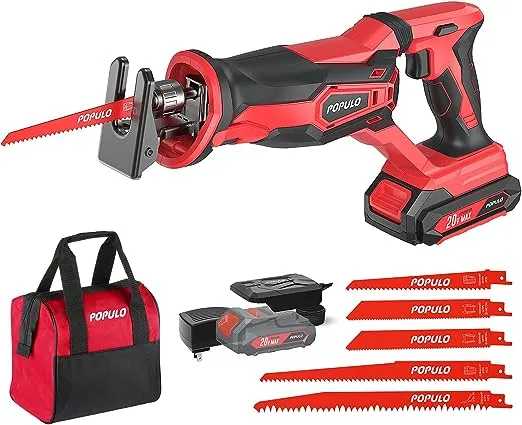 POPULO Cordless Reciprocating Saw, 20V MAX Battery Power Saw, Electric Reciprocating Saws for Wood, Trees, Metal, or PVC Pipe Cutting, Cordless Saw with 2.0Ah Battery, and Fast Charger