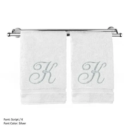 Monogrammed Towels Fingertip, Personalized Gift, 11 x 18 Inches - Set of 2- Silver Embroidered Towel - Extra Absorbent 100% Cotton- Soft Velour Finish - For Bathroom/ Kitchen/ Spa- Initial K (Gray)