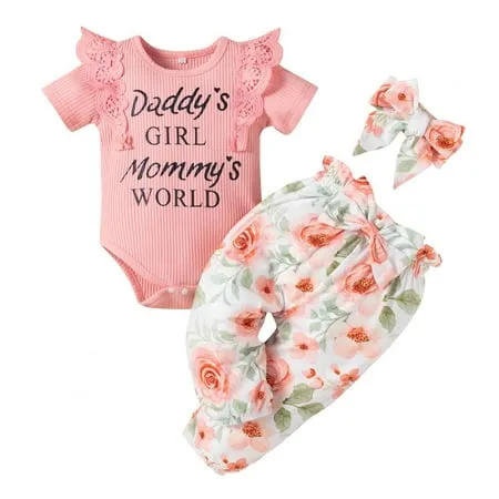 0-18M Newborn Baby Girl Clothes Infant Girls Outfits Ruffle Sleeve Letter Romper Bodysuit+Floral Pants+Headband Toddler Outfits 12-18 Months