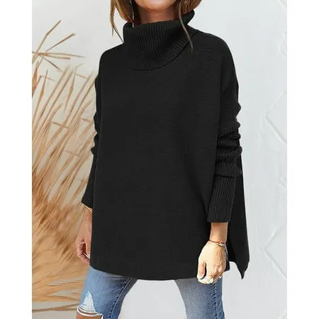 LILLUSORY Women's Turtleneck Oversized Sweaters Long Batwing Sleeve Spilt Hem Tunic Pullover Knit Tops