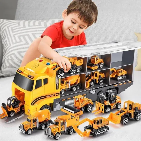 TEMI Toddler Toys for 3 4 5 6 Years Old Boys, Die-cast Construction Car Carrier