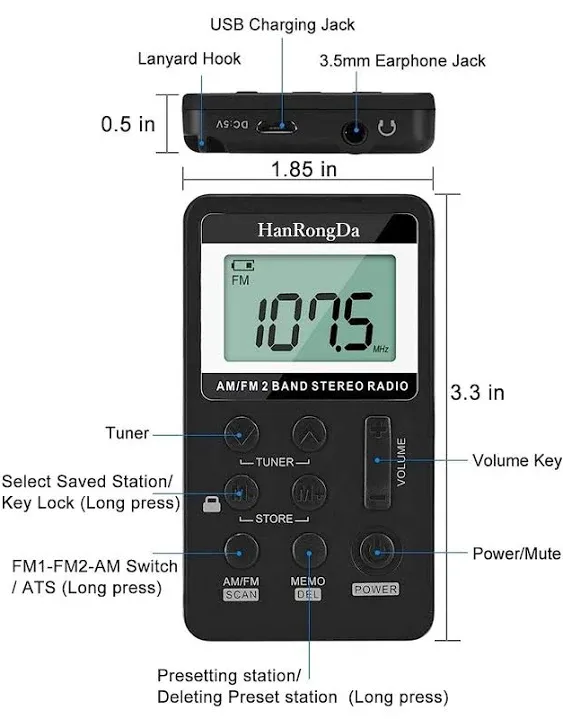 Portable Radio AM/FM Walkman with Excellent Reception and Stereo Sound, Pocket Radios with 58 Preset Stations, Built-in 500mAh Battery for Walking, Jogging, Mowing and Traveling HRD-103