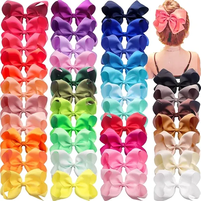 40Pcs 6&#034; Hair Bows Alligator Clips Grosgrain Ribbon Big Bows Clips For Girls ...