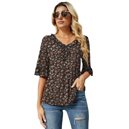 ZHENWEI Women s Casual V Neck T Shirts Loose Summer Half Bell Sleeve Tops Ruffle Tunic Blouses