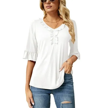 ZHENWEI Women s Casual V Neck T Shirts Loose Summer Half Bell Sleeve Tops Ruffle Tunic Blouses