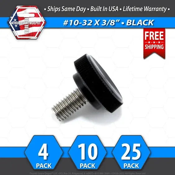 #10-32 x 3/4" Thumb Screw Stainless Steel - Black Knurled Round Plastic Knob - Fine Thread Thumbscrew - Length: 0.750" - Proudly Built in USA - Package of (4)