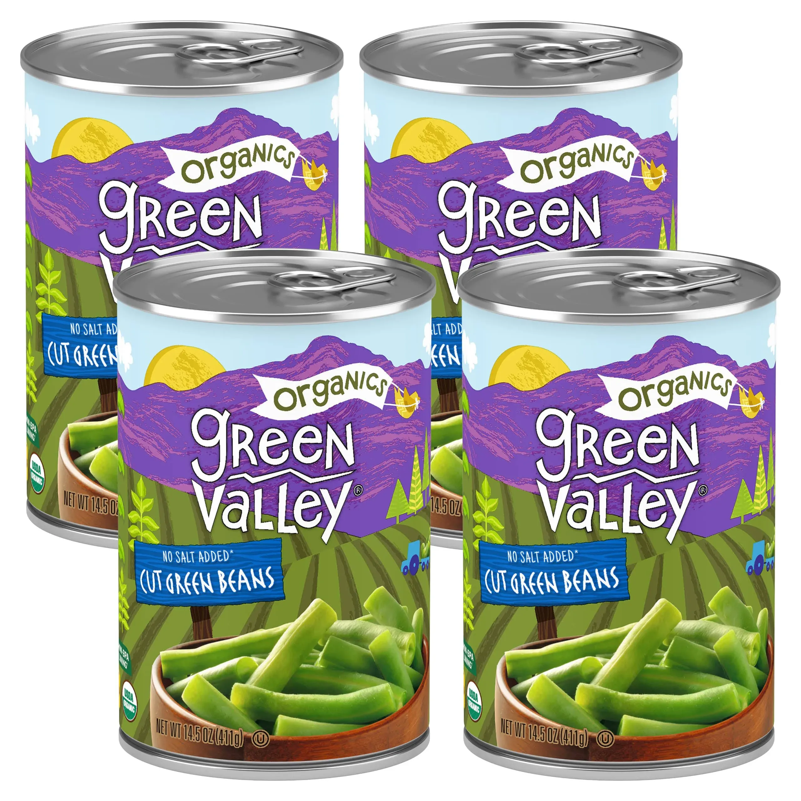 Green Valley Organics Cut Green Beans | Certified Organic | Deliciously Mild Subtly Sweet Flavor, Tender-Crisp | 14.5 oz Can (Pack of 4)