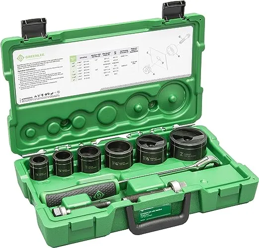 Greenlee 7238SB Slug-Buster Knockout Punch Kit with Hex Ratchet Wrench, 1/2" to 2" Punches, and 7/16" and 3/4" Draw Studs, Electrical Conduit Hole Cutter Kit