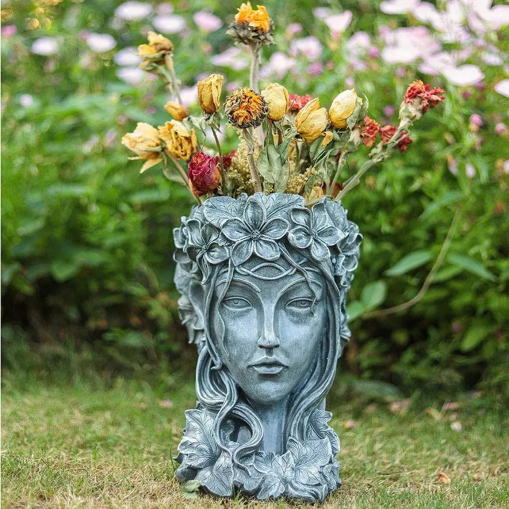 Pretty Goddess Head Planter W/drainage Hole 8.9&#034; X 13&#034; Large Deep Lady Face Gard