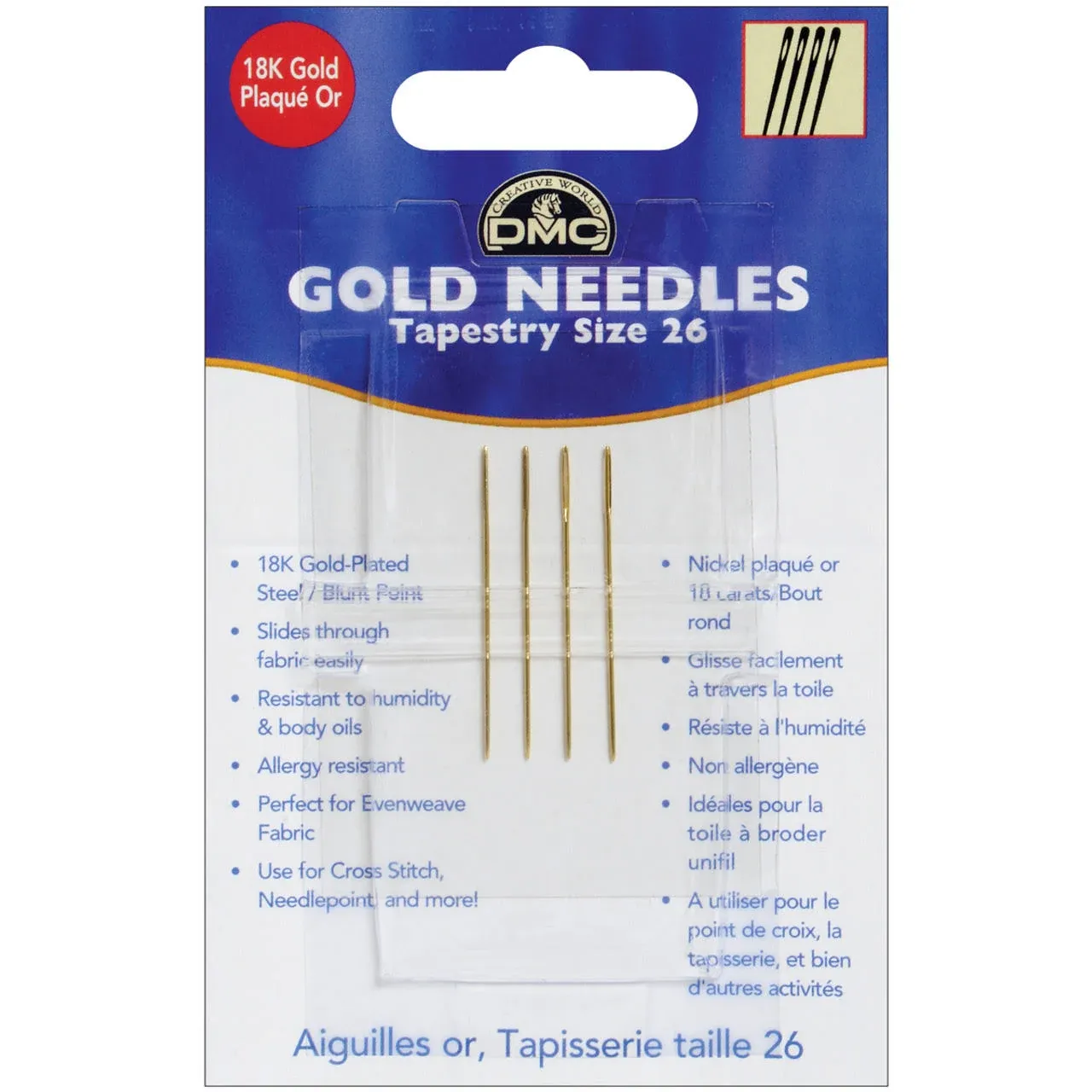 New DMC 22 Kt Gold Plated Tapestry Needles Size 26 Set of 4 Needles Craft Stitch