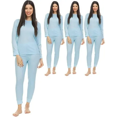 3 Pack of 2pc Thermal Sets for Women Base Layer Long Johns Underwear Top & Bottom Cotton Solid Colors (Small Light Blue)