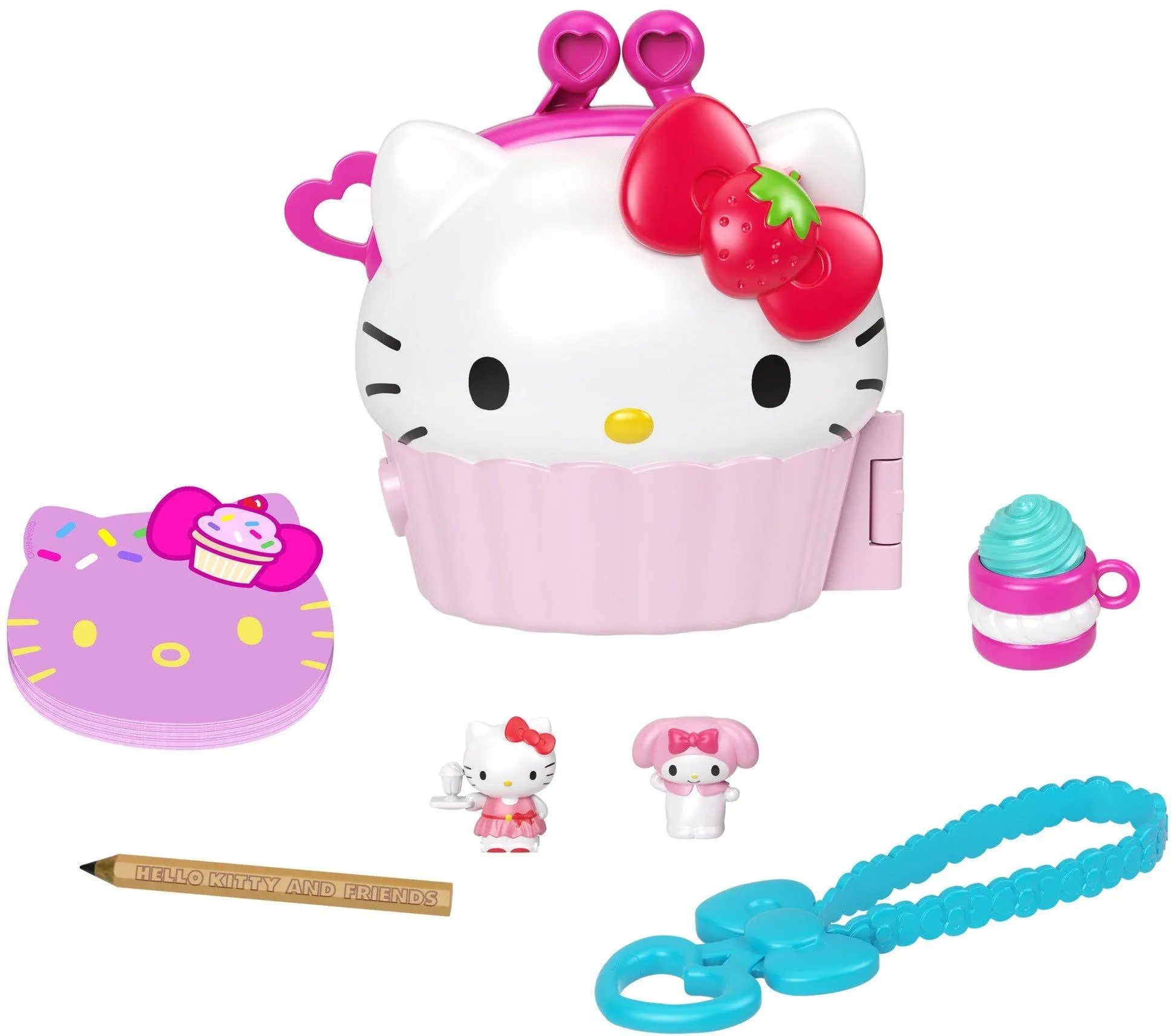 Hello Kitty Cupcake Bakery Compact (4.9-in) with 2 Sanrio Minis Figures, Stationery Notepad and Accessories, Great Gift for Kids Ages 4Y+