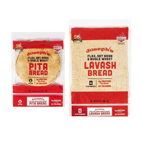 Joseph's 2-Pack Value Variety Bundle, Flax Oat Bran Whole Wheat Lavash Bread (4 Lavash Squares Total) and Pita Bread (6 Pita Loaves Total), Fresh Baked