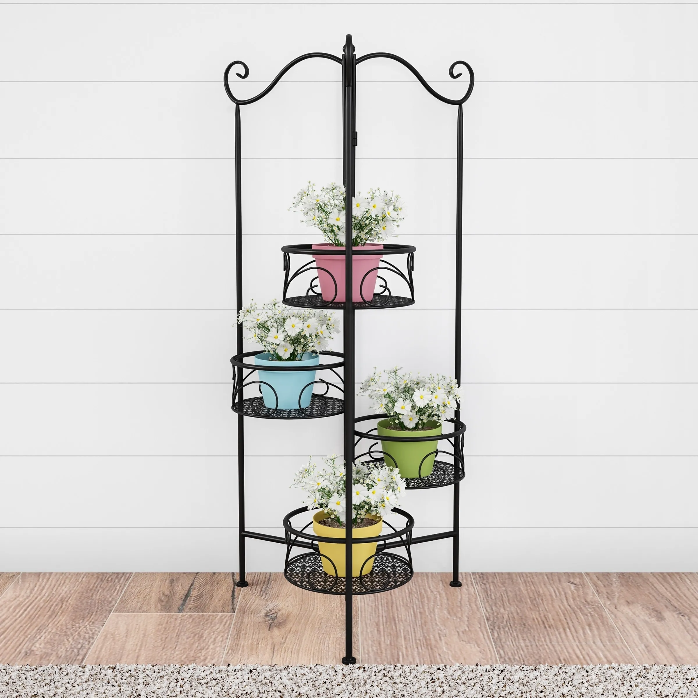 Plant Stand- 4-Tier Folding Wrought Iron Metal Home and Garden Display with Staggered Laser Cut Shelves by Pure Garden (Black)