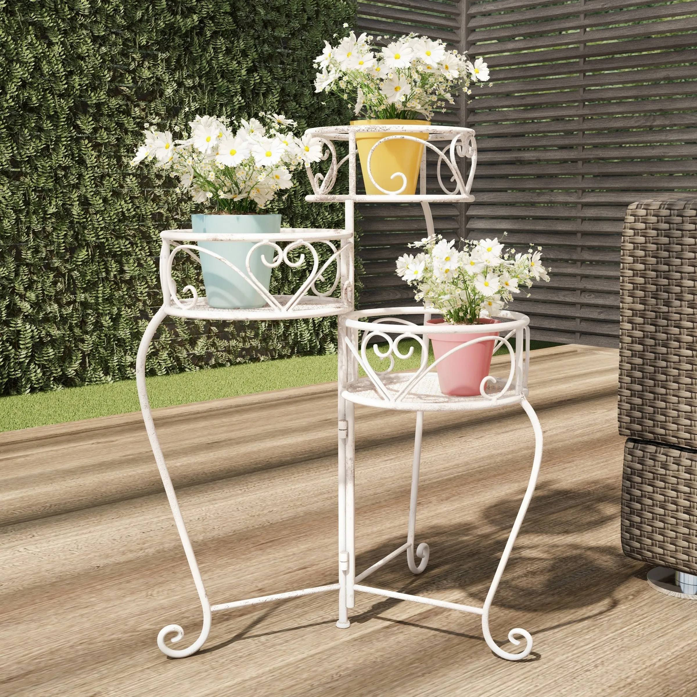 Plant Stand- 3-Tier Folding Wrought Iron Inspired Metal Home and Garden Display with Laser Cut Shelves by Pure Garden