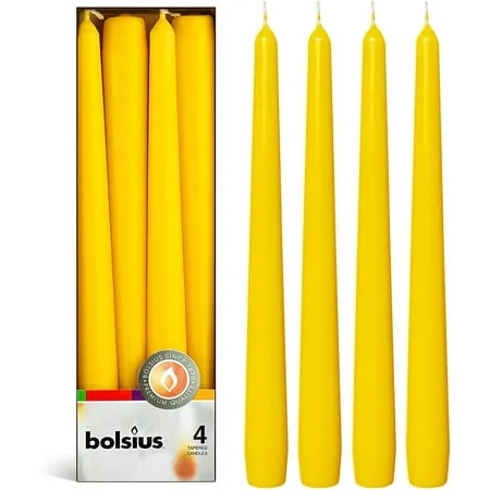 BOLSIUS 4 Pack Yellow Taper Candles - Tall Unscented 10 Inch Dinner Candle Set - Premium European Quality - 100 % Paraffin Wax Cotton Wicks Smokeless, Dripless, Home Decor Candle 7.5 Hour Burn Time