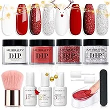 AZUREBEAUTY Dip Powder Nail Starter Kit Berry Red Milky White Silver Glitter, 4 Colors Dipping Powder Set, French Nail Art Base Top Coat Activator Essential Liquid Manicure No Lamp Needed Salon