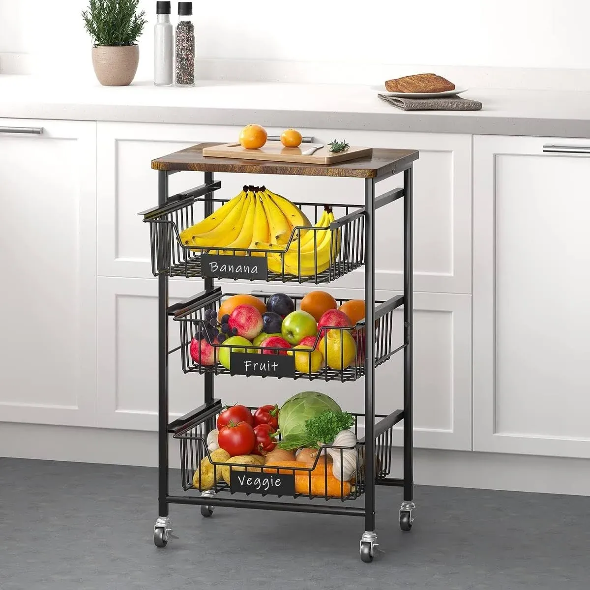 XYZLVSI 4-Tier Cart Kitchen Storage Cart with Wheels 4-Tier Metal Utility Rolling Cart Fruit Vegetable Storage Basket Pantry Rack with Wood Top & Pull