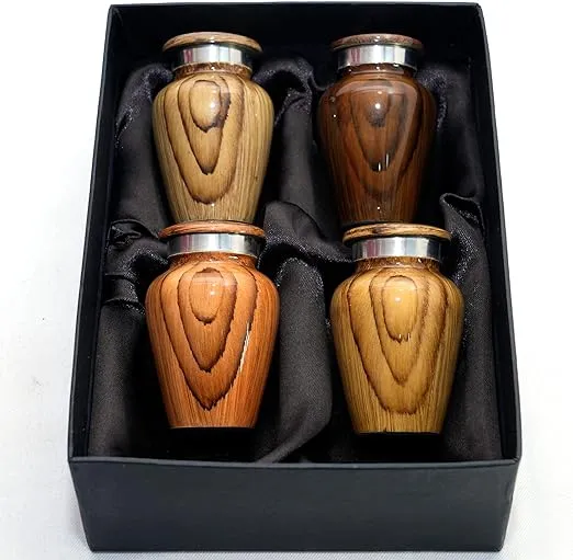 Wooden Print Keepsake Urns - Small Cremation Urns - Mini Urns for Human Ashes Set of 4 with Premium Box & Bags - Honor Your Loved One with Metallic Wooden Urns for Ashes - Small Urns for Men & Women