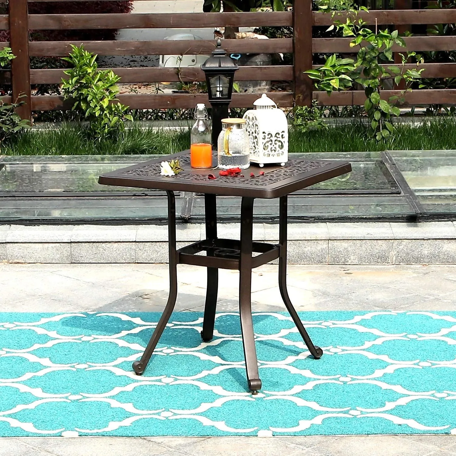 Patio Bistro Bar Table Square Outdoor Dining Table with Umbrella Hole Aluminium