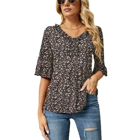 ZHENWEI Women s Casual V Neck T Shirts Loose Summer Half Bell Sleeve Tops Ruffle Tunic Blouses