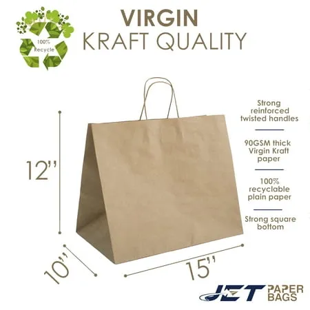 18x5x19.75 (50 Pcs) Brown Paper Bags with Twisted Handles -Large Bags, Ideal for Takeout, Grocery, Goody, Retail, Party, Craft, Gifts, Weddings - Recyclable