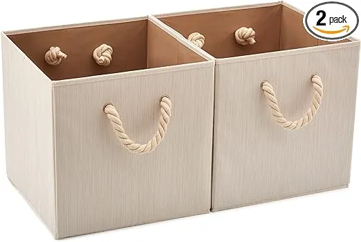 EZOWare Set of 2 Fabric Storage Shelves Bins with Cotton Rope Handle, Collapsible Basket Organizer Box For Bathroom Nursery Bedroom Beige , 13" x 13" x 13"