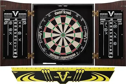 Viper Vault Cabinet & Shot King Sisal/Bristle Dartboard Ready-to-Play Bundle with Two Sets of Steel-Tip Darts, Throw Line, and Dry Erase Scoreboards, Walnut Finish