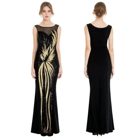 Angel-fashions Women s Sheer Gold Sequined Black Splicing Evening Dress Round Neck Vintage Wedding Party Guest Gown XX-Large