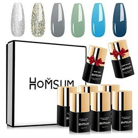 HOMSUM Gel Nail Polish Set Navy Blue Silver Glitter Gel Nail Polish UV LED Soak Off with No Wipe Base and Glossy Top Coat Nail Art Manicure Kit Gift Set 8ML