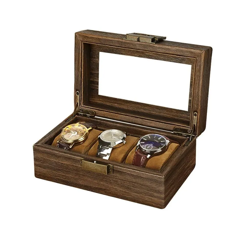 GENEMA Watch Box Organizer Case Mens Jewelry Display Tray Glass Top PU Leather