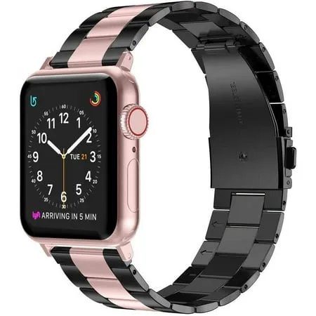 Wearlizer Apple Watch Band 38mm 40mm 41mm Women Men Ultra-Thin Lightweight Replacement Band Stainless Steel Strap Compatible for iWatch Series 7 6 5 4 3 2 1 SE (Black+Rose Gold)