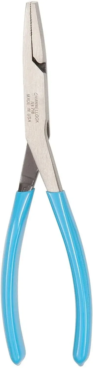 Channellock 718 8-Inch Flat Nose Pliers | Duckbill Jaw Pliers with Extra Long Nose and Crosshatch Teeth Pattern Designed for Hard-to-Reach Places | Forged of High Carbon Steel | Made in the USA