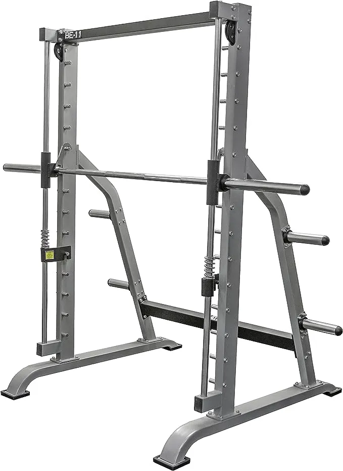 Valor Fitness Multi-Function Smith Machine Power Cage - 500lb Squat Rack or Bench Press Station - 2" Plate Storage Pegs- Attached Sliding Knurled Barbell - Total Body Workout