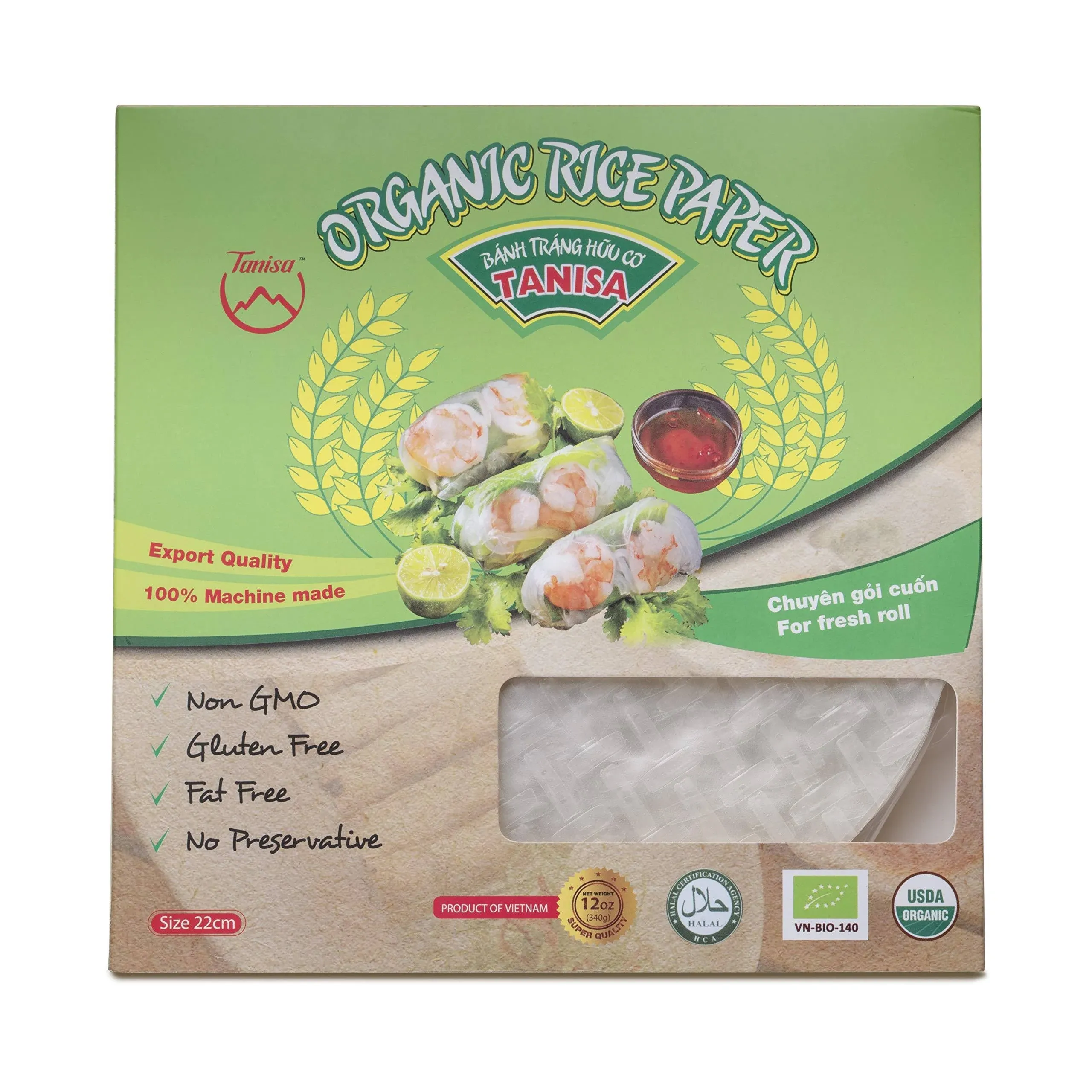 Tanisa Organic Spring Roll Rice Paper Wrapper for Fresh Roll (22cm, Round, 12 oz), Non GMO, Gluten Free, Made in Vietnam, Banh Trang Goi Cuon