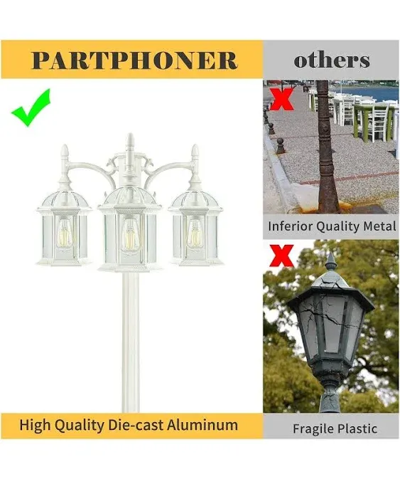 PARTPHONER 3-Head Outdoor Lamp Post Light Birdcage, Waterproof Outside White Street Light Pole with Clear Glass Shade for Yard, Garden, Patio, Path, Driveway