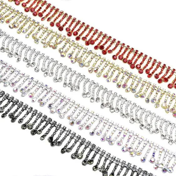 1 Yard Jerler Rhinestone Tassel Fringe Trim Crystal Close Chain Applique for Sewing Crafts Ideal Wedding Party Clothing DIY Decoration (AB Crystal with Gold)