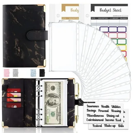 Budget Binder, A6 Cash Envelopes For Budgeting, Budget Planner with Cash envelopes, Money Organizer for Cash, Budget Binder with 12Pcs Zipper Envelopes, Marble Black