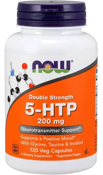 NOW Supplements, 5-HTP (5-hydroxytryptophan) 200 mg, Double Strength, Neurotransmitter Support*, 120 Veg Capsules