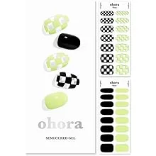 ohora Semi Cured Gel Nail Strips (N Racer) - Green, Patterned, Works with Any UV/LED Nail Lamps, Salon-Quality, Long Lasting, Easy to Apply & Remove - Includes 2 Prep Pads, Nail File & Wooden Stick