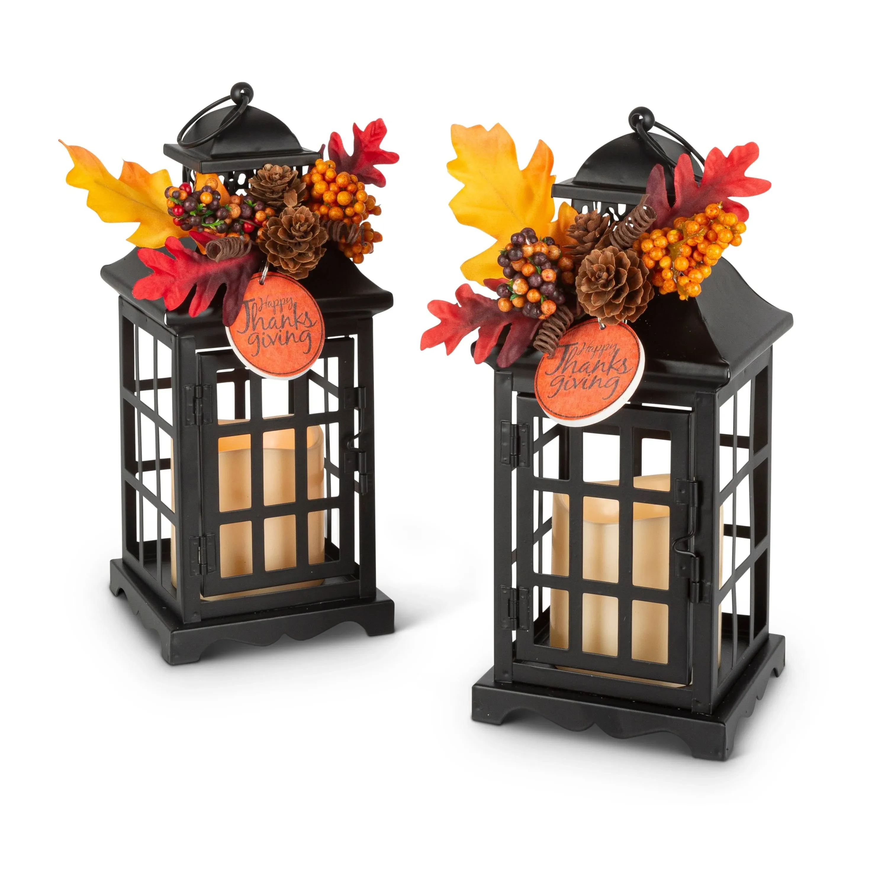 10.5" Lanterns with Battery Operated LED Candles and Floral Accents Set, 2 Pieces