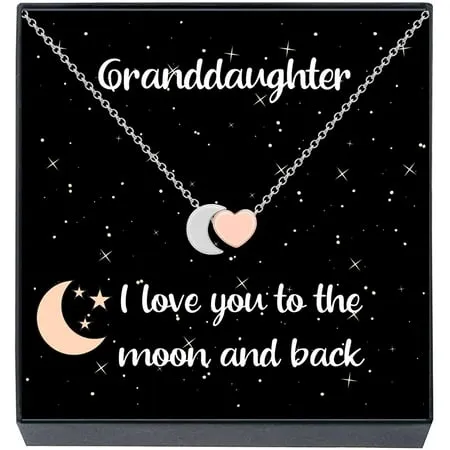 Granddaughter Moon Heart Pendant Necklace "I Love You To The Moon and Back" Jewelry Gifts for Girls, Teens. Tweens, Kids, Females, Birthday, Christmas Presents, Stocking Stuffers (Rose Gold & Silver)