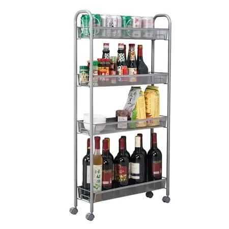 4-Tier Utility Cart Slim Slide Out Metal Mesh Rolling Kitchen Storage Cart on Wheels Steel Utility Serving Rack Storage Tower Rack with Wheels for Kitchen Office Bedroom Bathroom Washroom