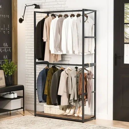 Tribesigns Free-Standing Closet Organizer Rustic Heavy Duty Clothes Closet Double Hanging Rods Garment Rack Wardrobe Storage Organizer